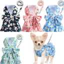 Sanwuta 4 Pack Harness Dog Dress Bowknot Leash Set Floral Princess Dog Harness Dress Vest with Leash Pet Doggy Outfits for Outdoor Walking, 4 Colors(X-Small)
