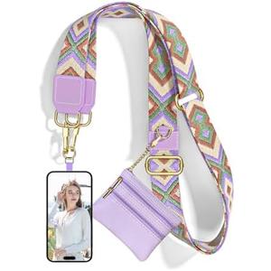 Nipichsha Crossbody Phone Strap with Wallet, Clip and Go Strap for Phone with Wallet, Adjustable Crossbody Cell Belt with Zippered Pouch, Neck Shoulder Cell Lanyard for Women, Purple Geometry