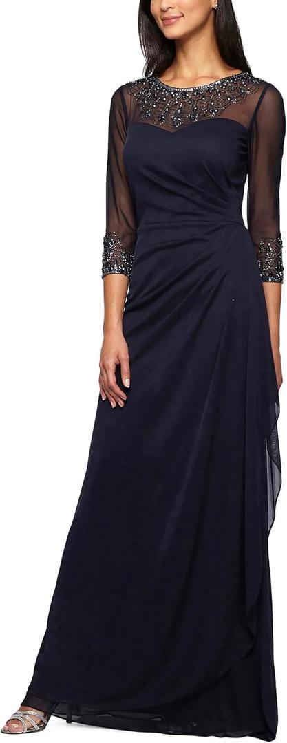 Alex Evenings Women's Long A-line Mother of The Bride Dress with Illusion Neck and Sleeves , 10P