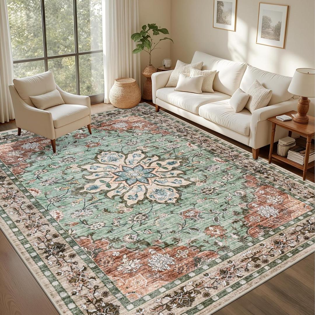 5x7 Area Rugs Living Room: Washable Rug for Bedroom Brown Green | Boho No Slip Stain Resistant Rug Soft Indoor Decor Floor Floral 5x7 Area Rugs for Dining Room, Nursery, Hallway, Home Office