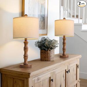 BOBOMOMO 20.5" Rustic Table Lamps Set of 2, Farmhouse Nightstand Lamp with Wood Grain Resin Base & Linen Shade, Small Bedside Lamp for Bedroom, Living Room & Apartment Décor Ideal for Small Spaces