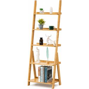 Maydear Bamboo Ladder Shelf Bookcase, 5-Tier Leaning Bookshelf Free Standing Organizer Storage Shelves for Living Room, Bedroom, Kitchen, Home Office, Balcony, Natural Wood