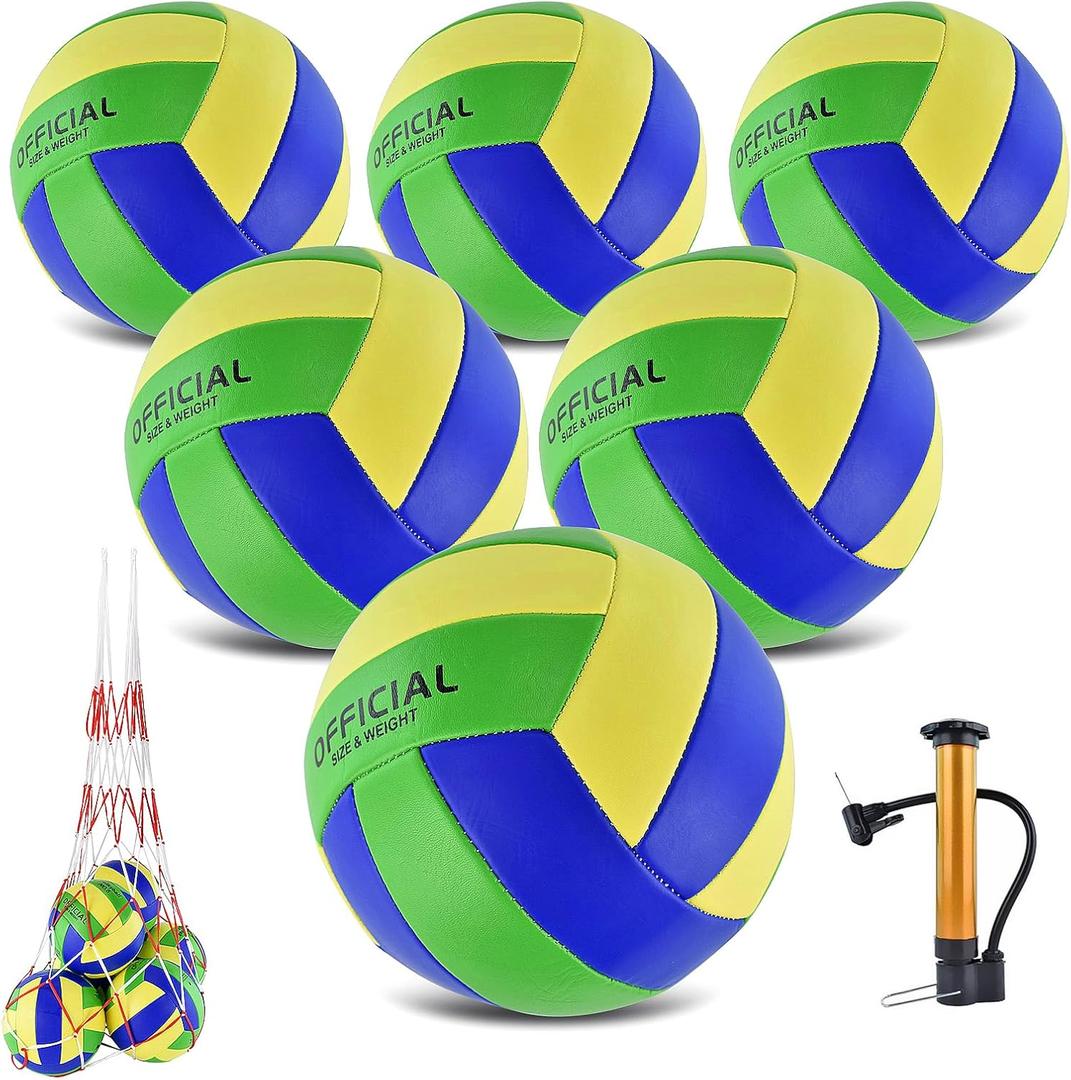 6 Pack Volleyballs Official Size 5, Soft Bulk Recreational Volley Balls with Pump and Net Bag for Indoor Outdoor Beach Pool Water Sand Game Training Match for Beginner (Green)