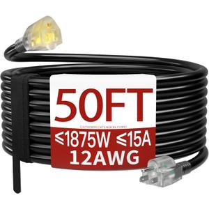 50 FT 12 Gauge Extension Cord Outdoor, Heavy Duty Weatherproof & Flame Retardant Black 3 Prong Power Cord with Light, Outside for Lawn & Garden, 15 Amps 1875 Watts 125 VAC 12AWG SJTW, ETL Listed
