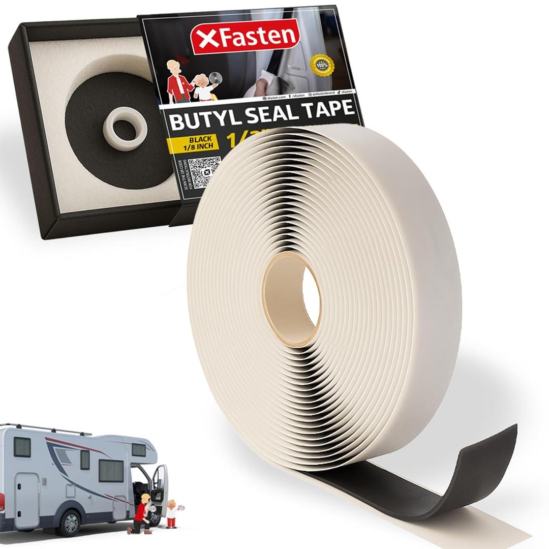 XFasten Butyl Tape Black, 1/2 in x 30 ft x 1/8 in  Easy-to-Work-with Automotive Butyl Sealant Tape, Mess-Free Rubber Caulk for RV, EPDM Putty for Window, Headlight, Roof, Windshield, and Car Doors