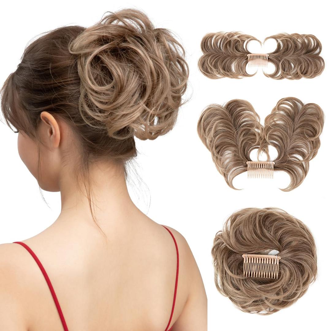 Messy Bun Hair Piece Side Comb Clip in Hair Bun Hairpiece for Women Short Natural Straight Versatile Adjustable Styles Easy Hair pieces (Brown to Ash Blonde-C)