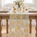 Artoid Mode 3PCS Beige Gold Dahlia Flower Gauze Table Runner 120 Inch 10FT, Glitter Metallic Foil Seasonal Sheer Dining Holiday Table Decor for Home Party