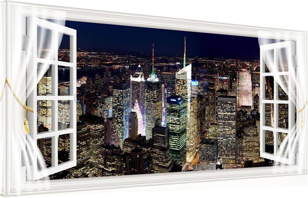 Window View New York Night Canvas Wall Art- City Landscape Canvas Print Pictures Painting Artwork Framed for Living Room Bedroom Bathrom Offce Decor-20"x40"
