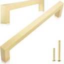 QOGRISUN 2-Pack Solid Brass Cabinet Pulls, Gold Square Drawer Handles, 5-inch Hole Center Kitchen Hardware for Dresser, Cupboard, Brushed Brass Finish