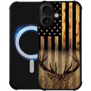 DJSOK Case for iPhone 17,Compatible with MagSafe,Anti-Scratch Shockproof Case,Wood Grain American Flag Buck Hunter Deer