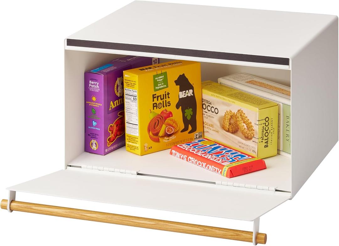 YAMAZAKI Home Modern Bread Box Steel + Wood Countertop Bread Storage Container, Large White Bread Box for Kitchen Countertop, Space-Saving Bread Keeper, Easy Access Lid, One Size