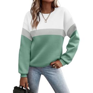 TICTICMIMI Women's Long Sleeve Tops Casual Color Block/Solid Cute Crewneck Sweatshirts Pullover Fall Shirts (XX-Large, A- White Green)