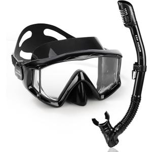Adult Pano 3 Scuba Diving Mask, Tempered Glass Snorkel Mask Anti-Fog Swim Mask No Leakage Swim Goggles with Nose Cover Snorkeling Gear for Snorkeling, Freediving, Swimming (Mystic Black Set)
