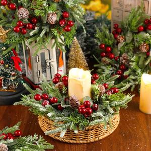 Candle Ring for Christmas Table Centerpiece Decoration, Artificial Red Berries Pine Cones Leaves Candle Ring Wreaths Small Wreaths for Candle Holder