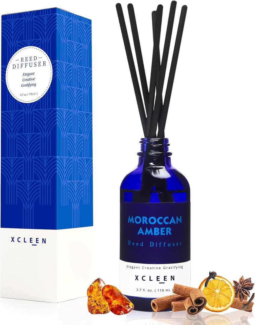 Xcleen Reed Oil Diffuser Set,Fragrance Diffuser - Floral Notes, Vanilla, Cinnamon & Amber, Includes 6 Rattan Scented Sticks Diffuser Reeds, Home & Office Decor, 110ml/3.7oz