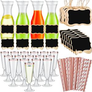 74 Pcs Mimosa Bar Supplies 34 oz Plastic Carafe with Lids Drink Juice Carafe with Champagne Flutes Plastic Water Pitcher for Mimosa Bar with Wooden Chalkboard Tags Straws(Rose Gold Rim, Clear)