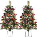 2 Packs 30in Frosted Outdoor Christmas Trees, Pre-Lit Battery Operated Fake Xmas Tree Holiday Decor with Stake, Multi-Color & WW Waterproof String Lights, Red Berries & Balls, Pine Cones