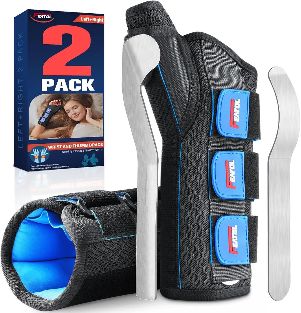FEATOL 2 Pack Thumb Brace for De Quervains Tenosynovitis, Thumb Splint for CMC Joint Support, Arthritis, Trigger Finger, Sprains, Left & Right, Small