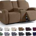 KinCam Loveseat Recliner Covers with Middle Console Slipcover, Recliner Sofa Covers 2 Seat Couch Cover Stripe Jacquard Furniture Protector Covers with Elastic Bottom for Kids, Pets (Brown)