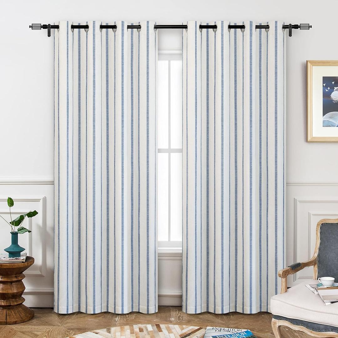 DriftAway Farmhouse Linen Blackout Curtains 84 Inches Long for Bedroom Striped Double Layer Thermal Insulated Sound Reducing Lined Grommet Rustic Drapes for Living Room 2 Panels W52 x L84 Navy