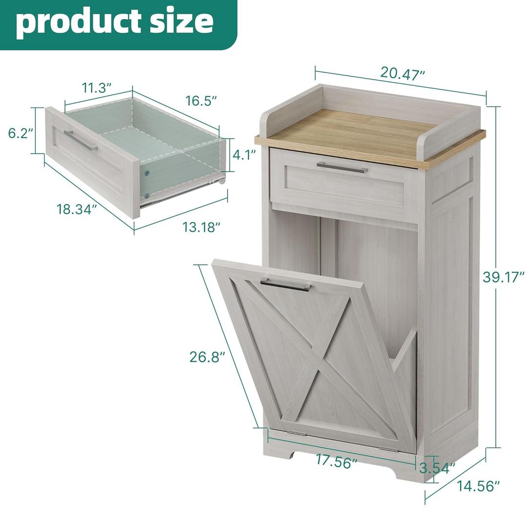 YITAHOME Tilt Out Trash Cabinet 10 Gallon, Wooden Free Standing Kitchen Trash Recycling Cabinet with Drawer, Tilt-Out Hamper for Kitchen Island, 20.5" W x 14" D x 39" H, Off White