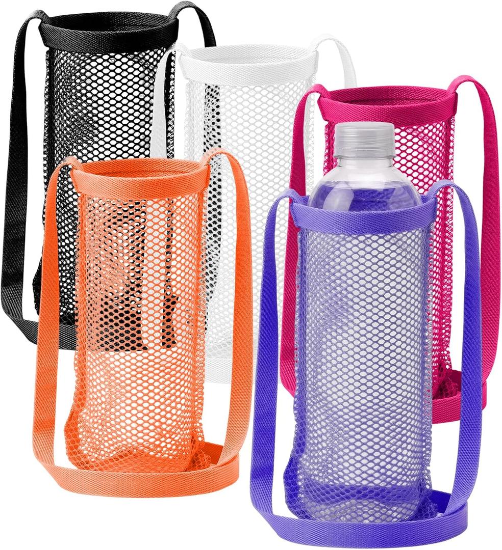 5 Pcs Water Bottle Holder with Adjustable Shoulder Strap Portable Mesh Bottle Carrier Bag with Pocket Accessories for Hiking Walking Travel Gym Vocation Holiday