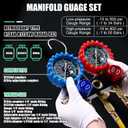 Threlaco 3 Way AC Manifold Gauge Set for R1234yf R134a R22 R32 R410a Refrigerant, Automotive HVAC Diagnostic Gauge with 5FT Hoses Quick Couplers Tank Adapter Can Tap for Car Charging and Evacuation