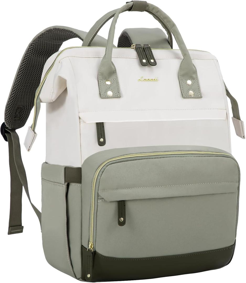 LOVEVOOK Laptop Backpack for Women, 17 Inch Work Business Backpacks Purse With Large Capacity, Waterproof Nurse Bag College Bookbag for School, Waterproof Casual Daypack for Travel (Beige-light Green)