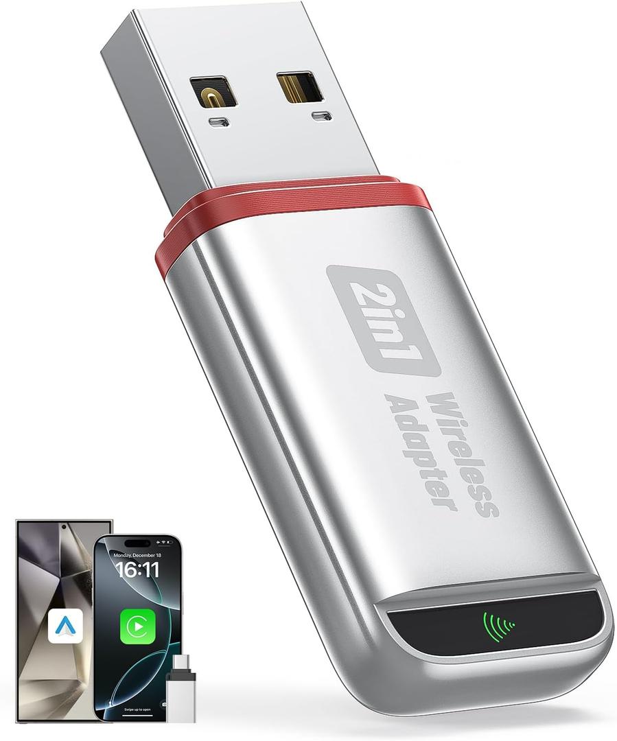 2026 Wireless CarPlay Adapter Support Apple CarPlay & Android Auto, 2-in-1 USB A & USB C Mini Bluetooth Dongle Convert Wired to Wireless Compatible with iPhone & Android