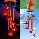 Cardinal Solar Wind Chimes for Outside, Solar Powered Chime Light, Cardinal Wind Chimes for Loss of Loved One,LED Windchimes Outdoor Cardinal Gifts for Home Garden Decor