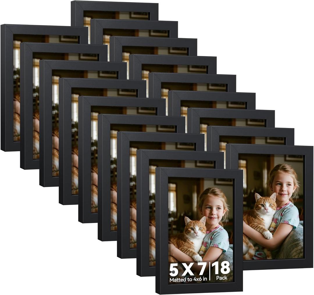 HappyHapi 5x7 Picture Frames Set of 18, Black Photo Frames, Display Pictures 5x7 without Mat or 4x6 with Mat, Wall Hanging Photo Frame or Tabletop Display