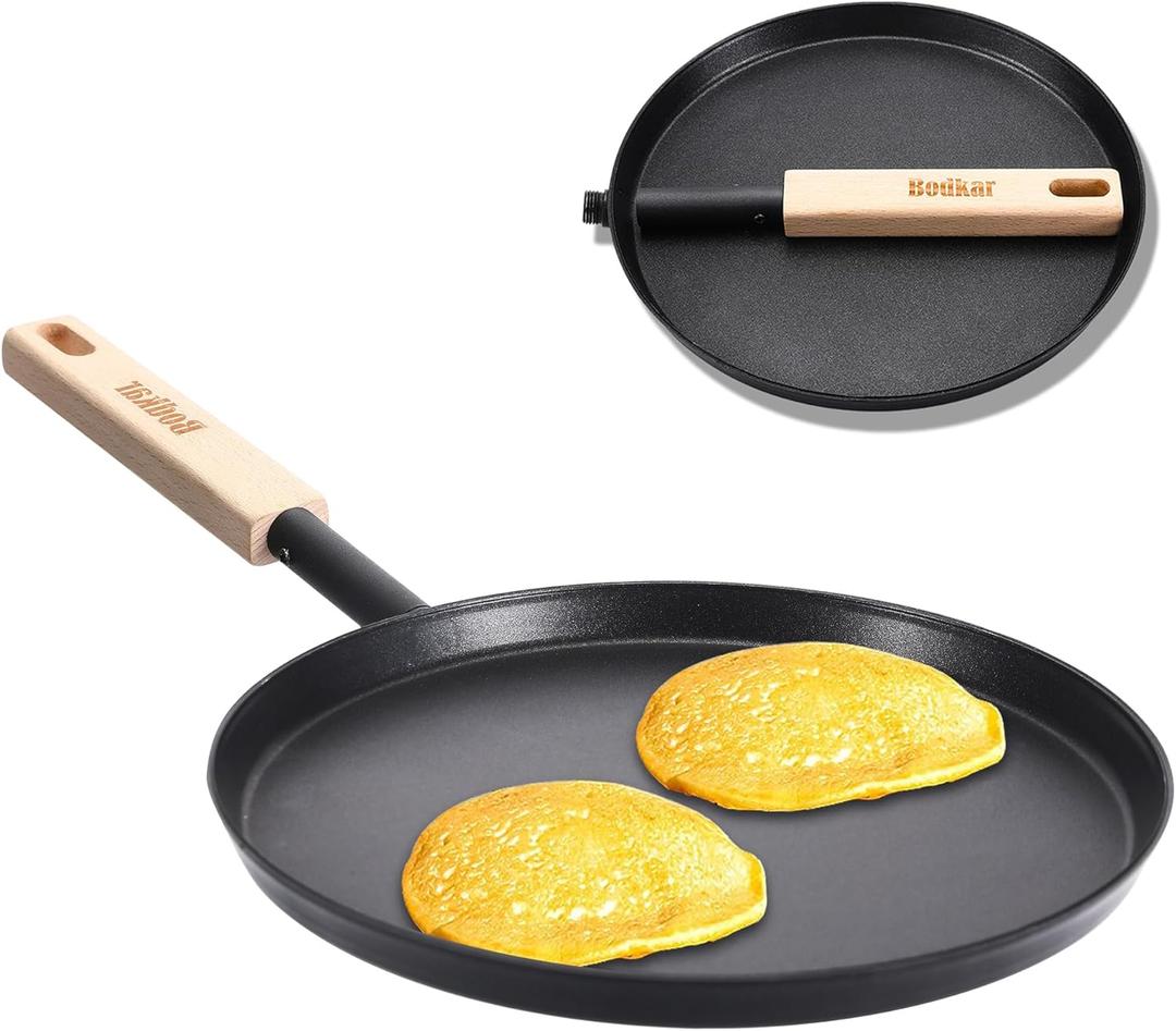 Frying Pan Skillet 8-inch Flat Griddle Pan, Lightweight Small Grill Pan with Wooden Handle for Camping Indoor Outdoor Cooking (Black)