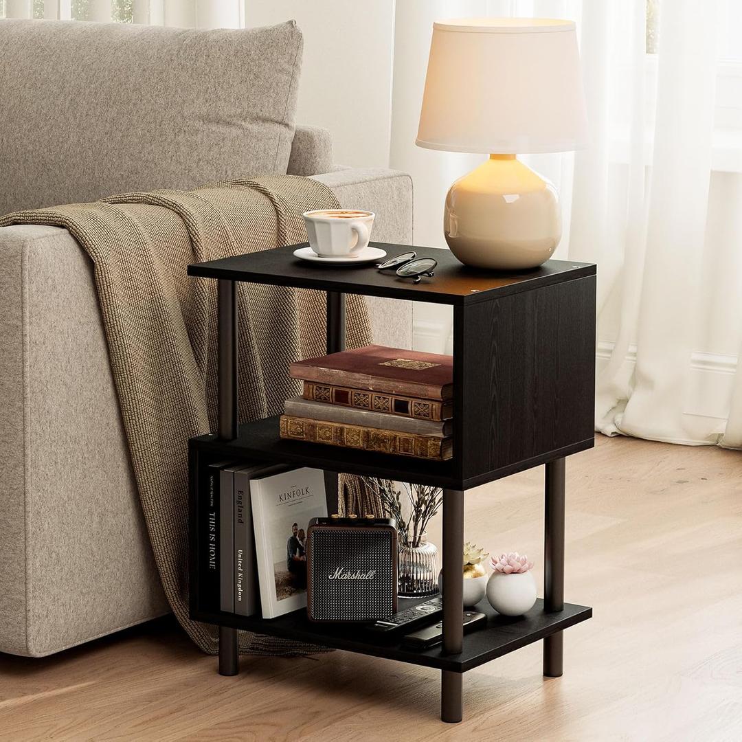 Frylr Small Side Table, End Table and Nightstand with 3-Tier Wood Shelves, Sturdy Metal Frame with 44 LBS Capacity per Shelf, Easy to Assemble for Living Room or Bedroom, Black -15.7"D x 11.8"W x 19.8"H