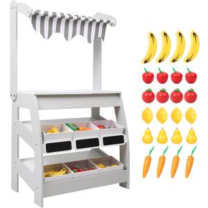 Wooden Market Stand Toy, Pretend Play Grocery Store Playset for Toddler, Fruit Vegetable Stand Selling Stall Shop with 24 PCS Food Accessories for Kids 3+, child-size