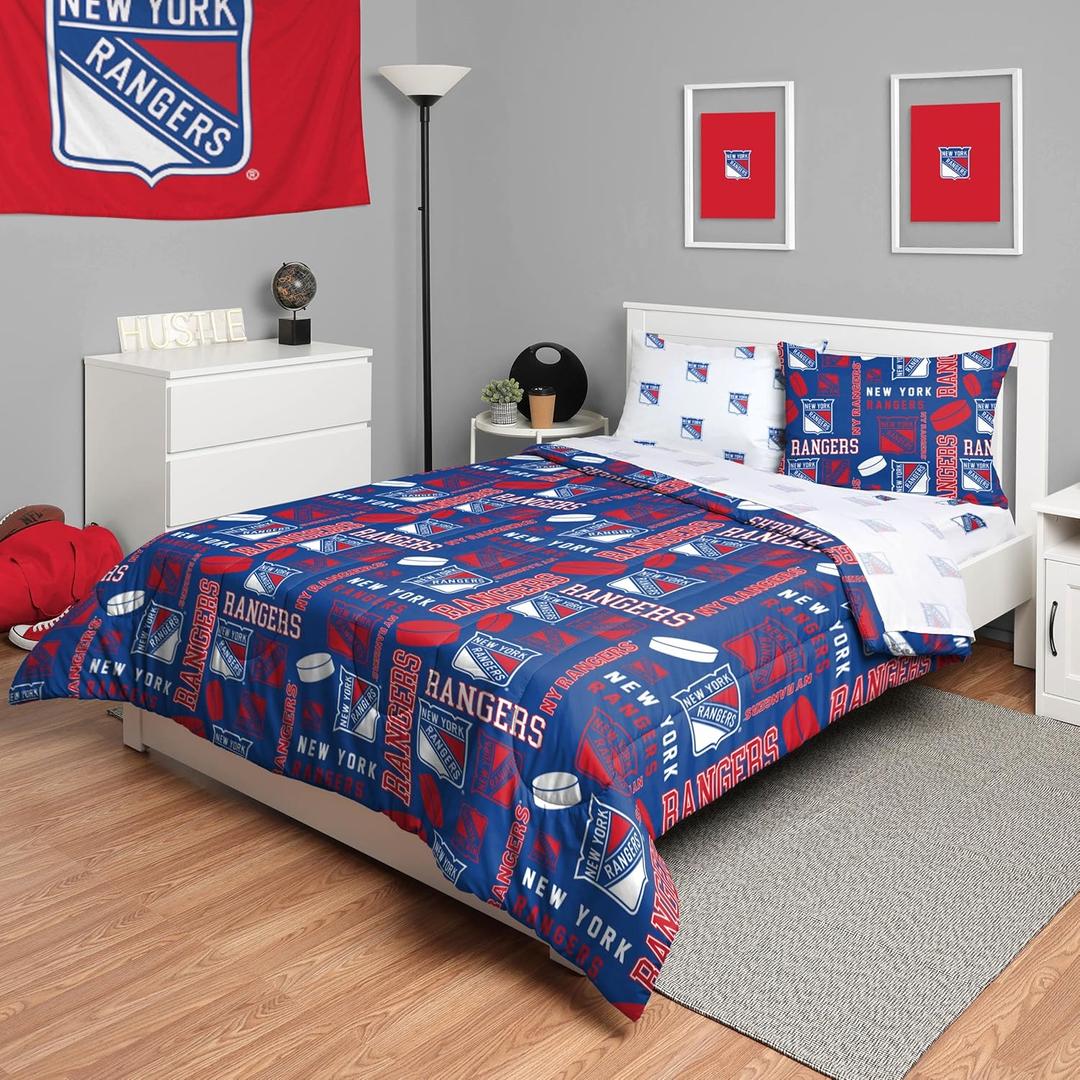 FOCO New York Rangers NHL Team Color Bed in a Bag Comforter Bedding 5 Piece Set - Full