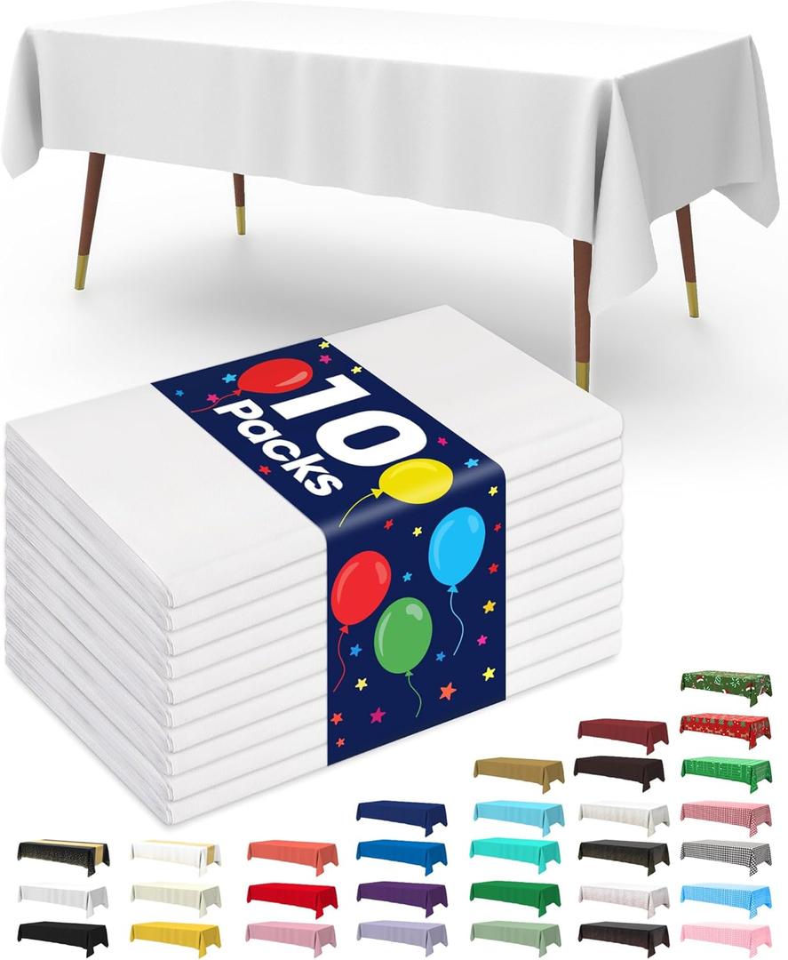 Pureegg Plastic Table Cloth Disposable 10 Pack, 52 x 70 Inch Table Cloths, Dining, Party, Buffet, Wedding, Decorative Tablecloths, Rectangle, White Plastic Cover, Waterproof & Sturdy, White