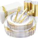 Nervure 175PCS Clear Gold Plastic Plates - Gold Disposable Dinnerware Set for 25 Guests Include 50 Disposable Plates, 75 Plastic Silverware, 25 Cups, 25 Napkins for Christmas & Party