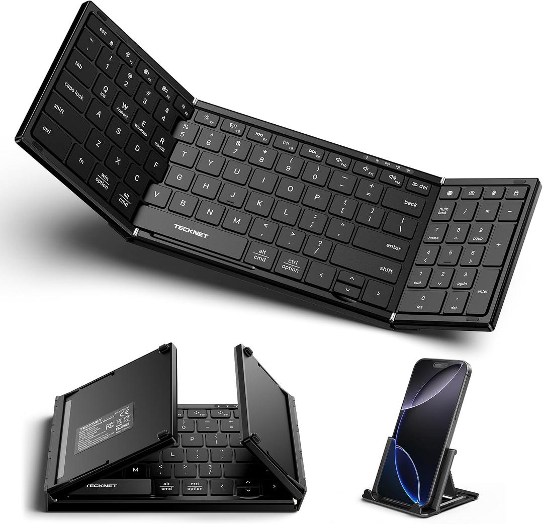 TECKNET Wireless Foldable Bluetooth Keyboard, Rechargeable Portable Keyboards for Travel with Number Pad, Full-Size Connect Up to 3 Devices for iPad Tablet Smartphone Laptop PC Windows iOS Android