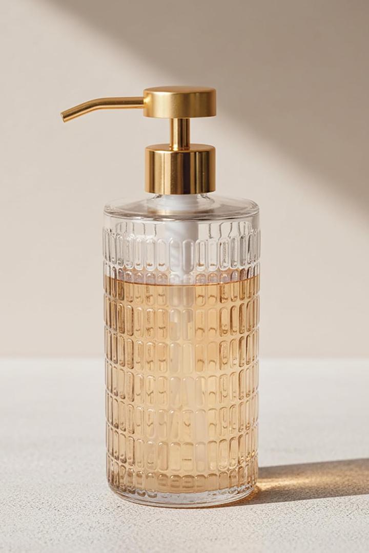 Lunestella Elegant Fluted Glass Hand Soap Dispenser with Gold Pump, Clear Ribbed Glass Bottle for Bathroom, Dish Soap Dispenser for Kitchen, Rust Proof, 17oz (Gold Slim Pump)