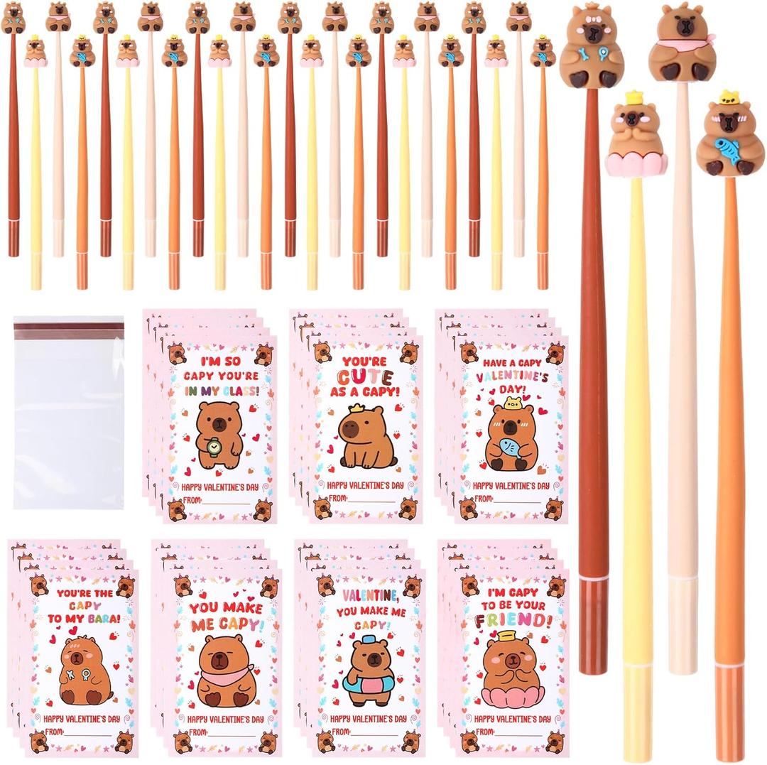 28 Sets Capybara Valentines Day Gifts Bulk Capybara Positive Cards Classroom Stress Relief Bobblehead Pens Cute Stationery Set for Party Favors Gift Exchange Friends Kids