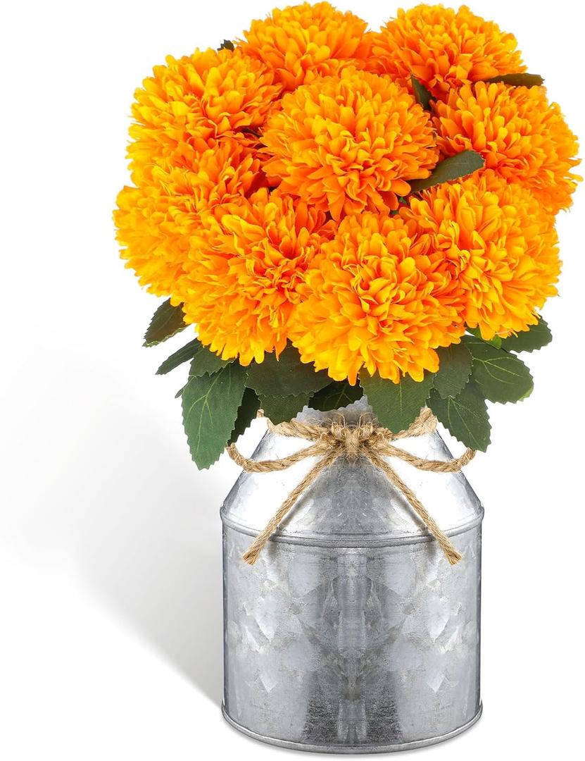 Domensi Mexican Artificial Marigold Flowers Table Centerpiece Decoration 9 Fake Silk Flowers with Metal Pot Halloween Flower Day of The Dead Home Dining Table Decoration for Diwali(Orange)
