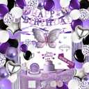 240Pcs Birthday Decorations for Women Girls, Purple Silver Black Party Decorations, Happy Birthday Supplies - Butterfly, Hanging Swirl, Sash, Tiara, Banner, Balloon, Tableware For 16 Guests
