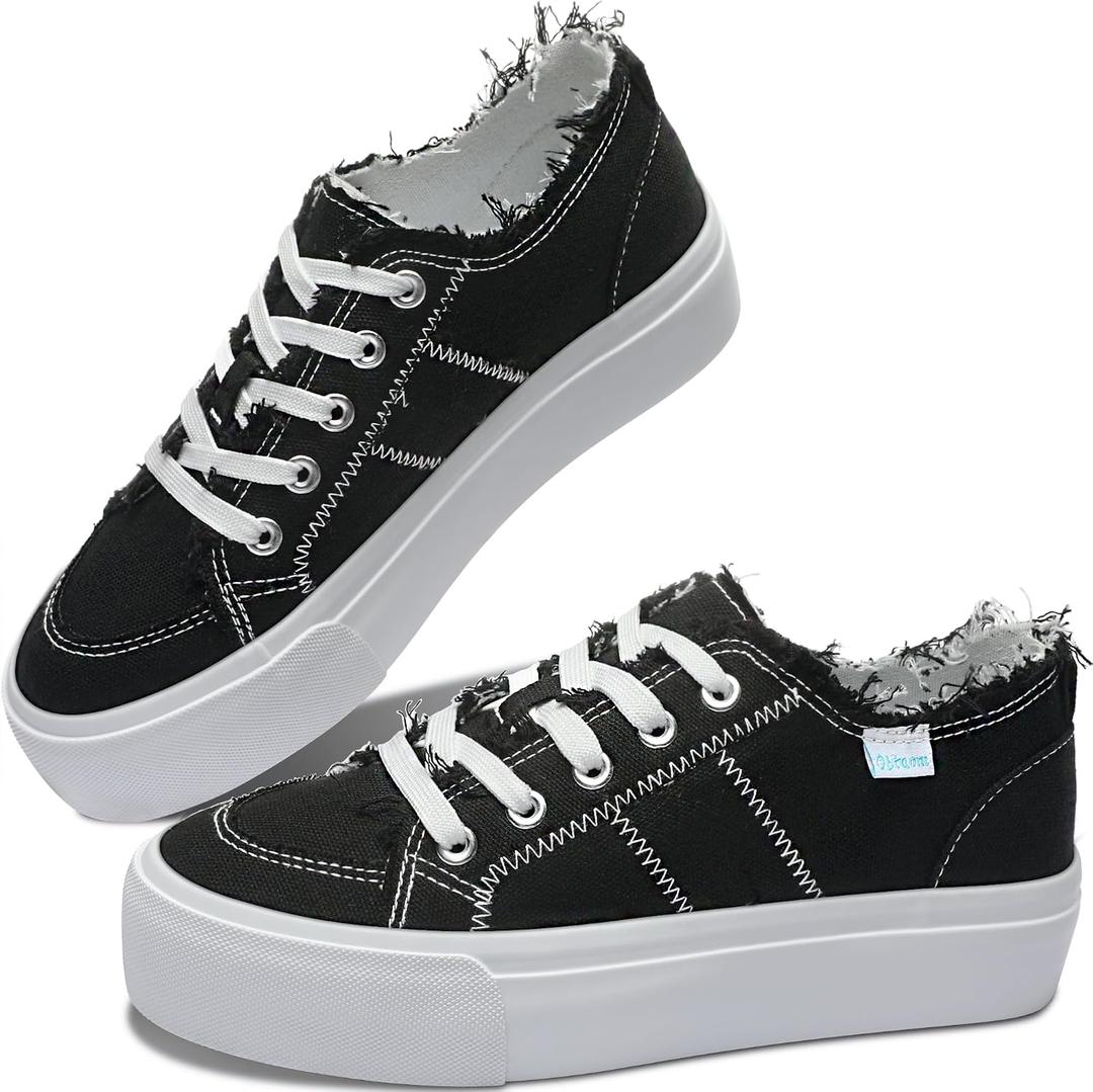 Obtaom Women Platform Canvas Sneakers White Comfort Play Fashion Sneakers Casual Lift Platform Lace Up Shoes Cute Low Top Walking Shoes for Lady (Black) 5