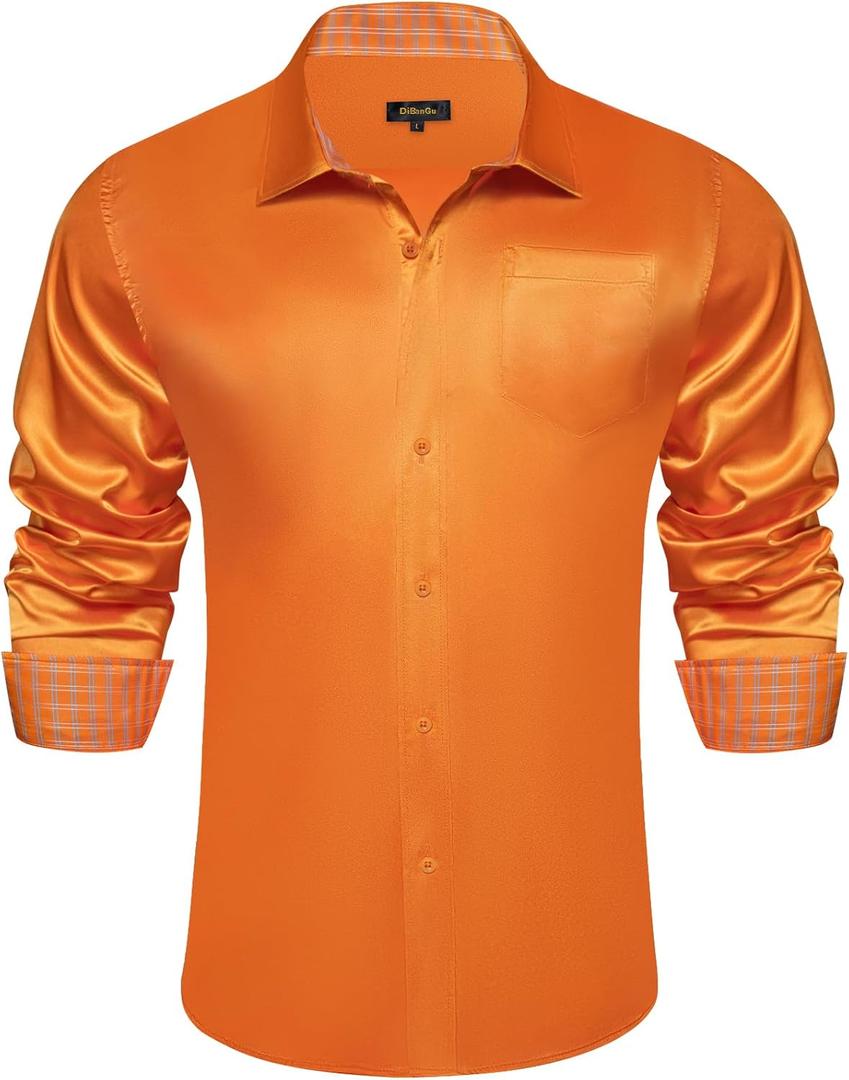 DiBanGu Mens Satin Dress Shirts Casual Long Sleeve Button Down Shirt Regular Fit Wrinkle Free Shiny Shirts for Men Party Prom (Small, Burnt Orange)