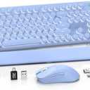 Wireless Keyboard and Mouse Combo, Backlit Round Keycaps, Retro Typewriter Keyboard with Detachable Wrist Rest, Rechargeable & Tilt Legs, 2.4GHz Cordless Connection for Windows/PC (Glowing Purple)