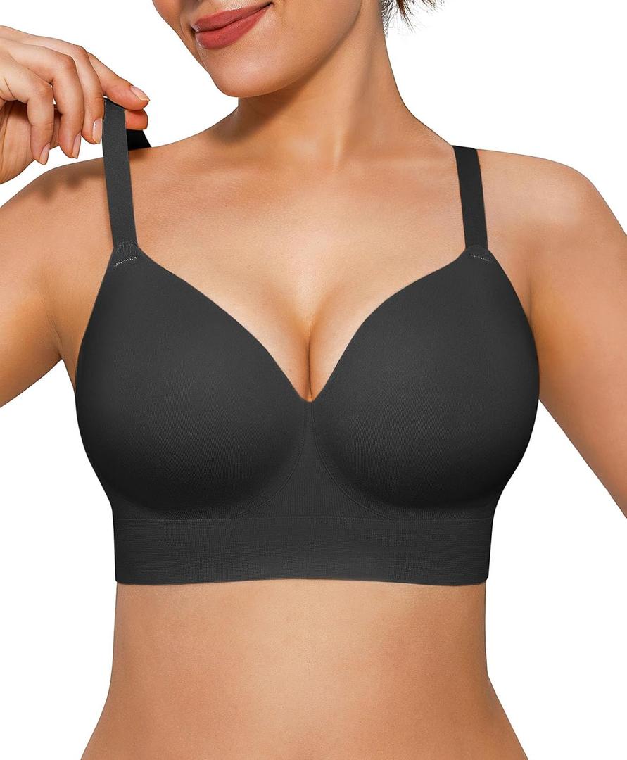 Popilush Bras for Women No Underwire Seamless Wireless Support Bra Full Coverage Comfort T Shirt Bralette (Medium, Black)