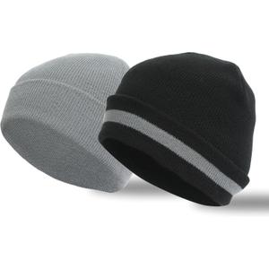 Heat Logic Men Double Layer Knit Beanie, Thick Thermal Skull Cap, Knitted Cuffed Soft Warm Hat, Winter Warm Cap for Adults (Black With Grey Stripe + Solid Grey (2 Pack))