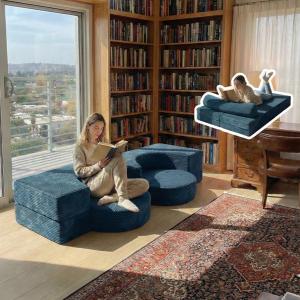75" Folding Sofa Bed Convertible Futon, Twin Size Sleeper Couch, Washable Velvet Corduroy Cover & High-Density Foam, 2-in-1 Floor Mattress, No Assembly for Living Room/Dorm Blue, 75*35*6 inch