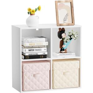 Wood 4 Cube Storage Organizer, 11 in Cube Shelf, White Cubby Storage Organizer with Back Panel & Open Compartments, Cube Bookshelf Bookcase for Living Room, Bedroom, Entryway