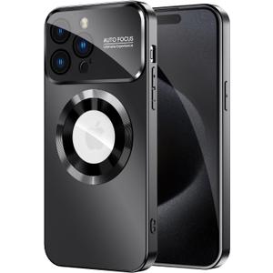 MAKAVO Magnetic for iPhone 15 Pro Max Case, Compatible with MagSafe, Built-in Camera Lens Protector, Logo View, Military Grade Drop Proof Phone Cover, Black